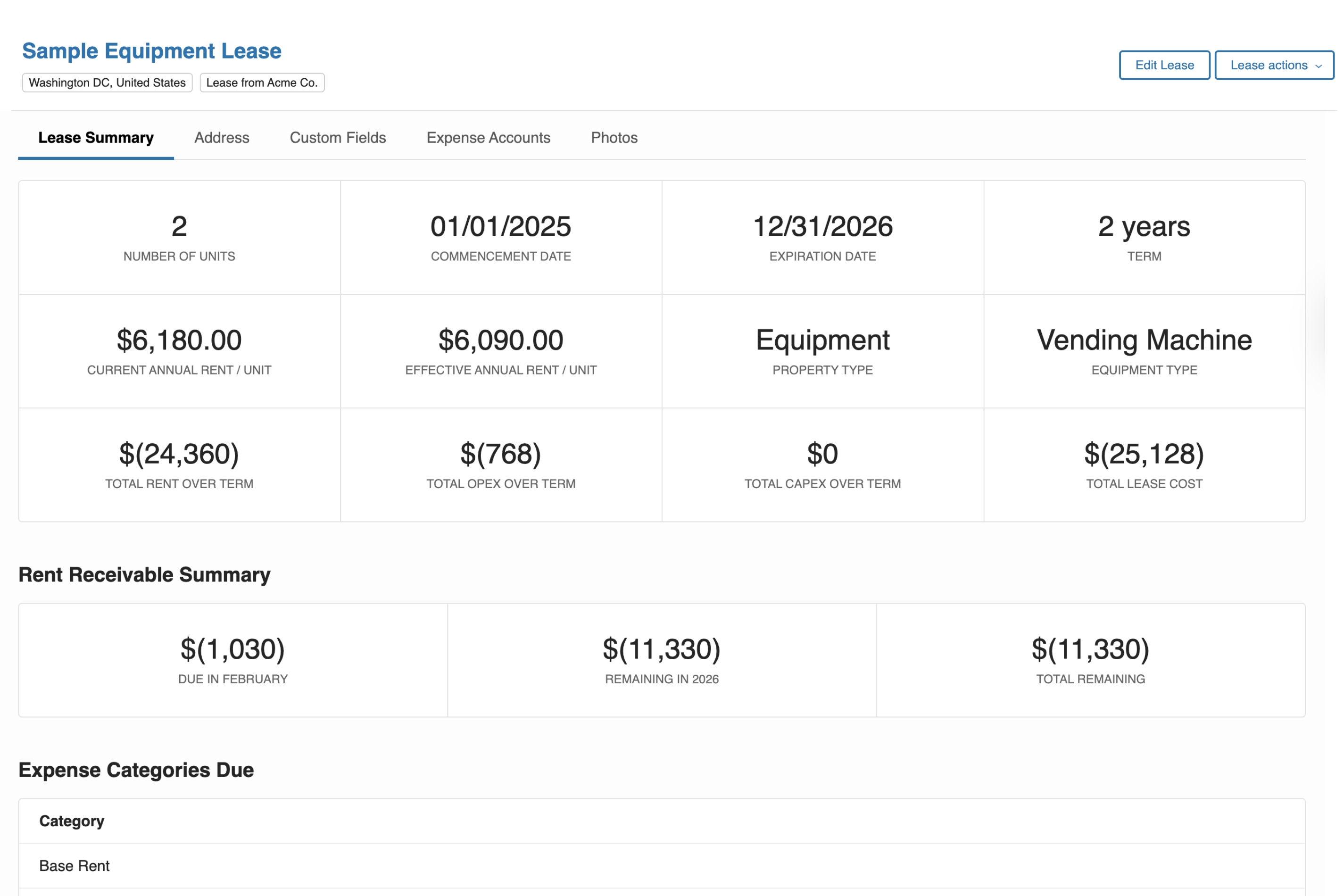 Example of an equipment lease record showing asset-level terms and centralized visibility