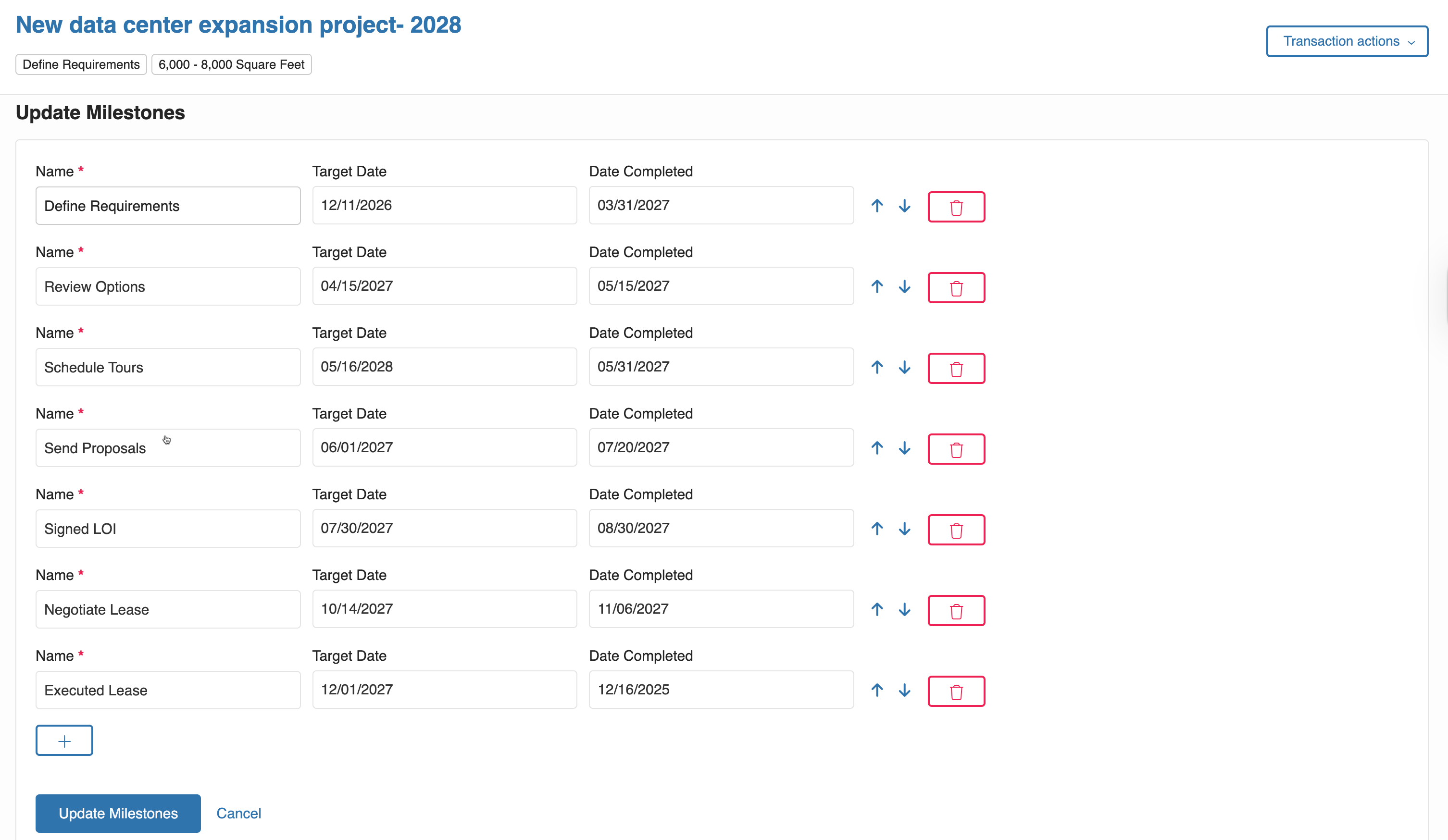 Transaction milestone view